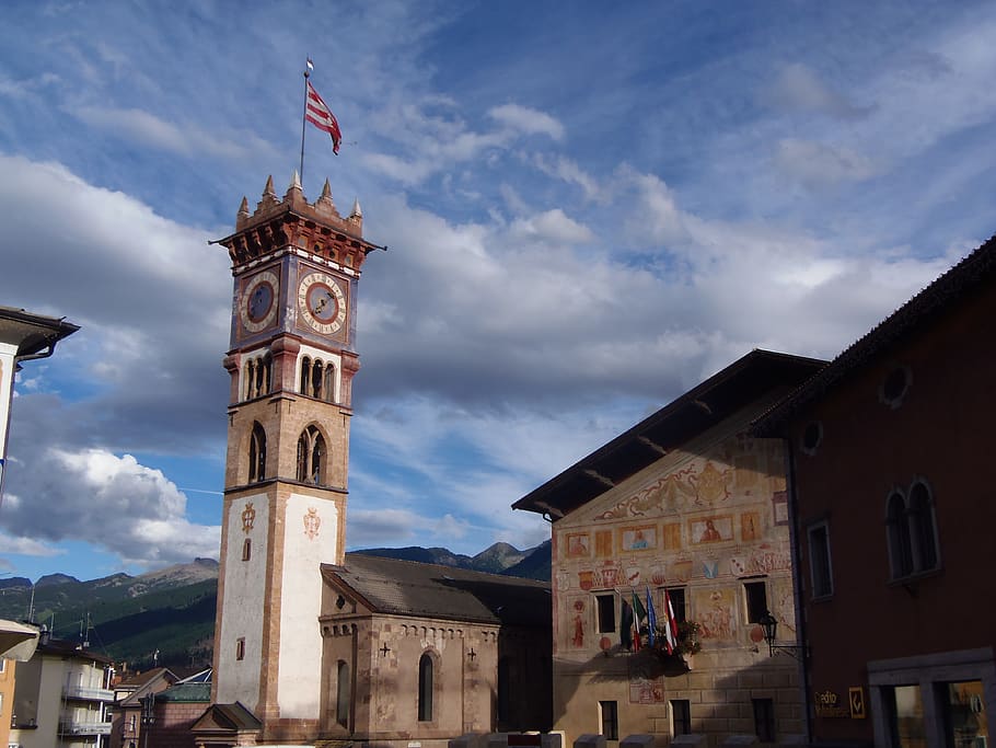tower, building, architecture, clock tower, via bronzetti, flag, HD wallpaper