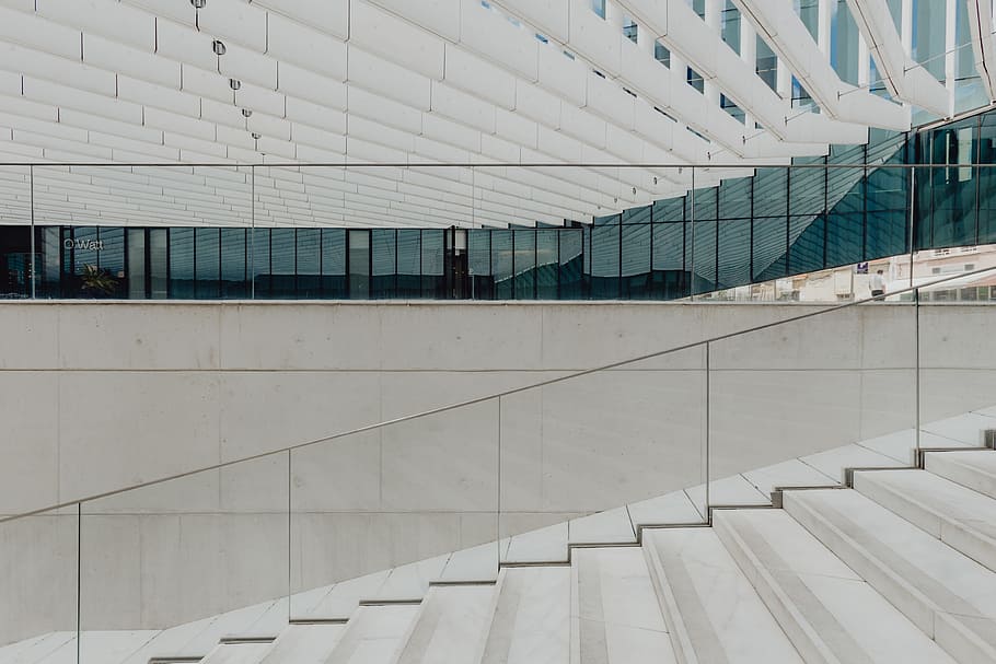 Modern white building, EDP Headquarters of architect Aires Mateus, Lisbon, Portugal