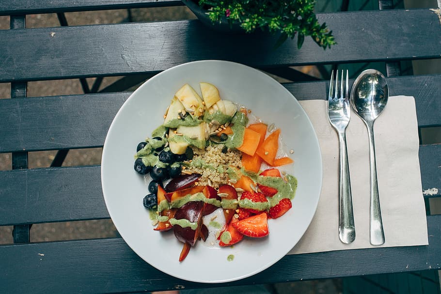 Fruit salad with quinoa, apple, bio, blue, blueberry, carbohydrates HD wallpaper