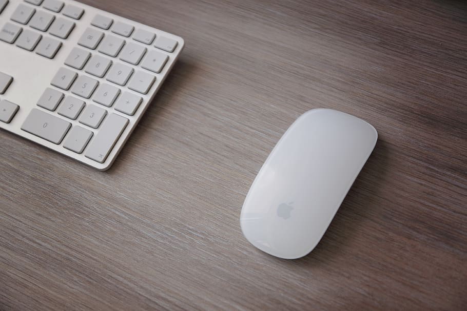 apple, mighty mouse, keyboard, white, computer, workspace, table HD wallpaper