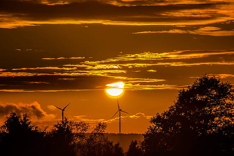Wind Turbines during Sunset, backlit, clouds, dark, dawn, dramatic HD wallpaper