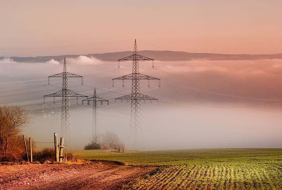 sky, sunset, current, strommast, masts, steel, electricity HD wallpaper