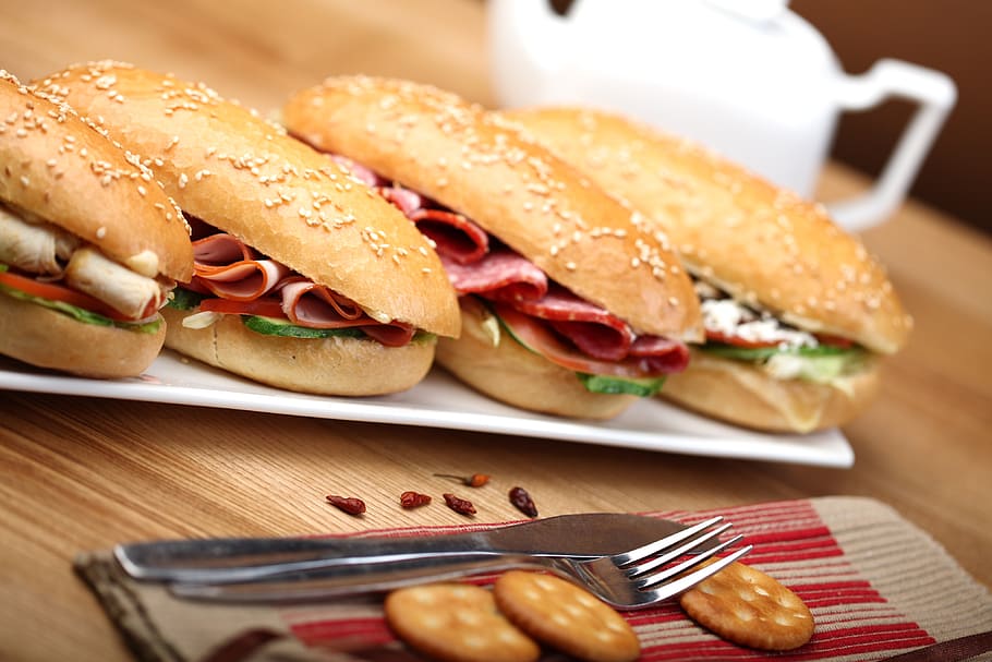 Four Sandwiches on Plate, biscuits, bread, bun, cutlery, delicious HD wallpaper