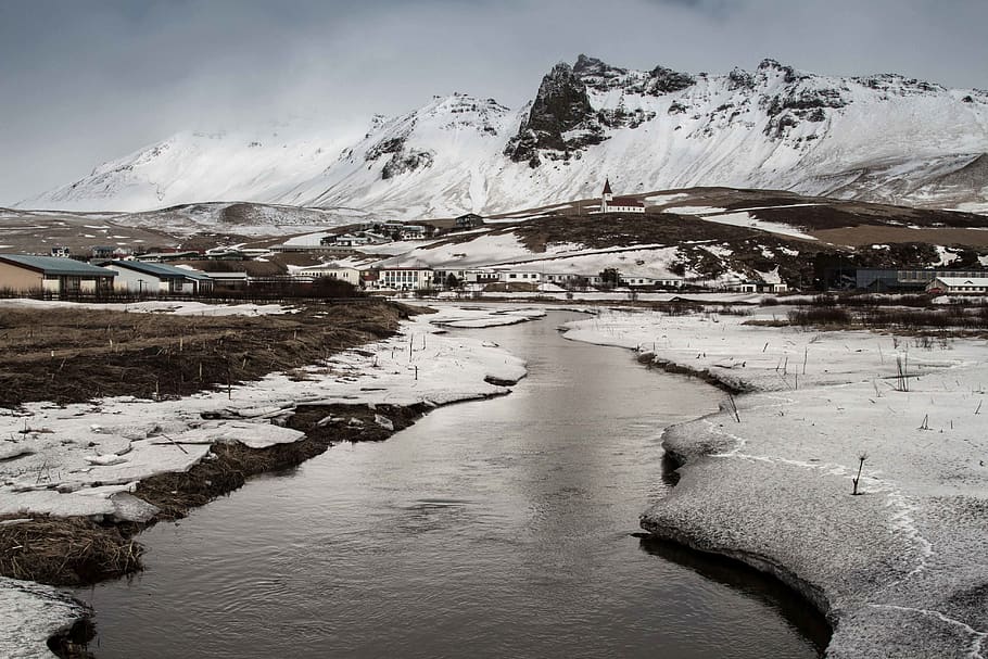river, water, ice, snow, winter, cold, mountains, peaks, city HD wallpaper