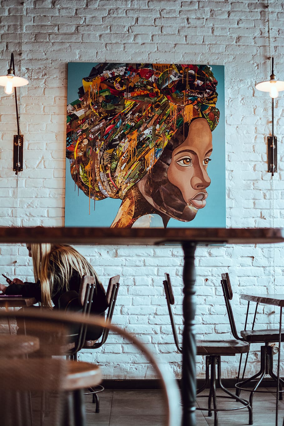 multicolored painting of woman's portrait hanging on wall, restaurant, HD wallpaper