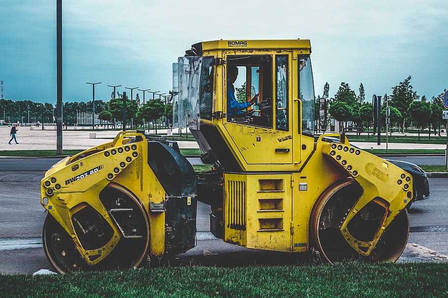 roll, truck, yellow, construction, metal, massive, street, urban HD wallpaper
