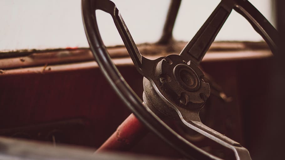 steering wheel, car, old, dirty, windows, metal, steel, dust HD wallpaper