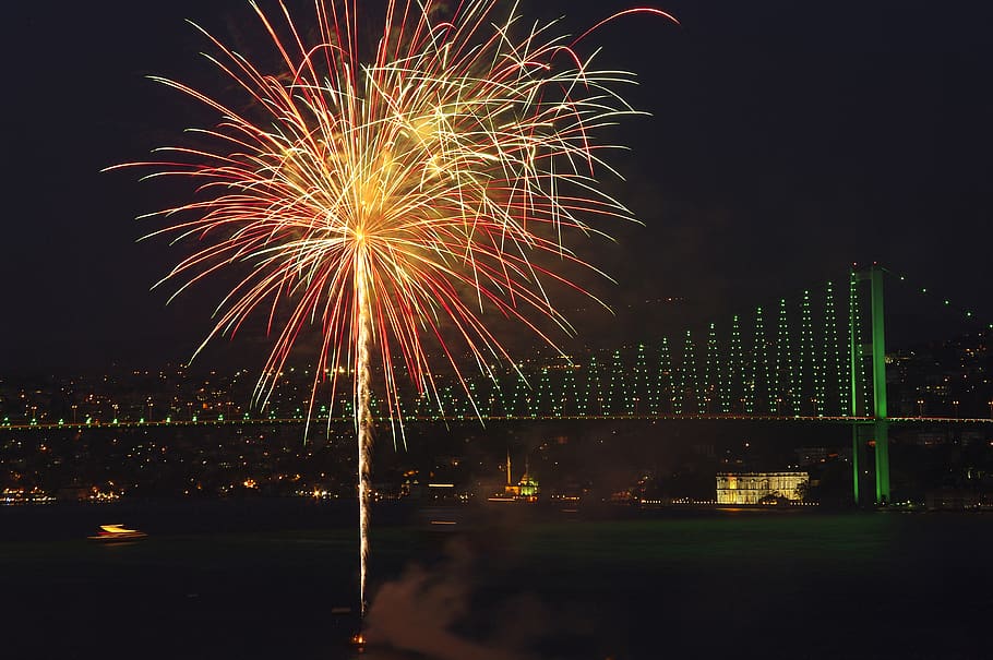 fireworks, istanbul, bosphorus, bridge, light, night, bright HD wallpaper