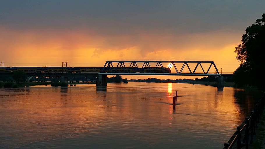 sunset, river, bridge, train, sky, water, built structure, connection HD wallpaper