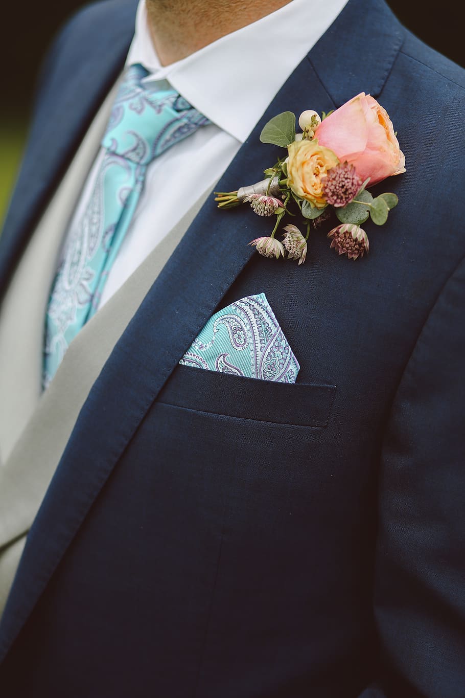 man in black formal coat and teal necktie, flower, groom, flower ornament, HD wallpaper