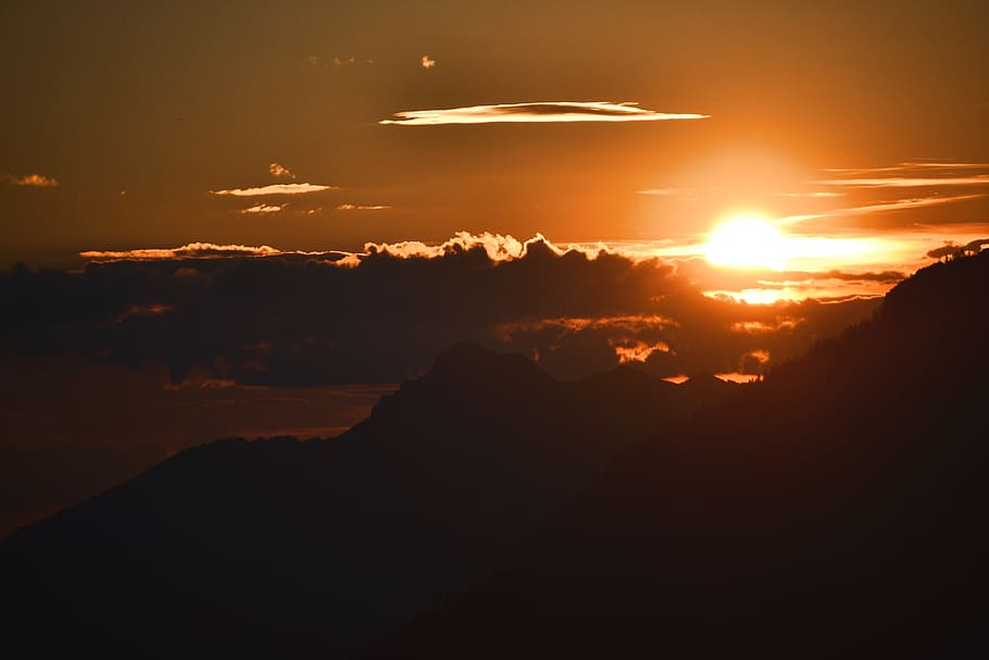 sunset, mountain, clouds, warm, orange, evening, late, sky HD wallpaper