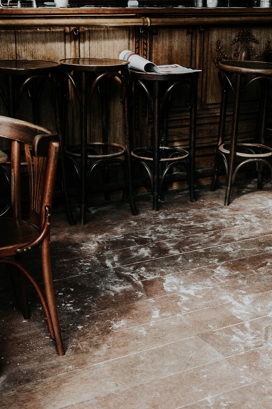 brown bar stools, chair, seat, empty, absence, table, indoors HD wallpaper