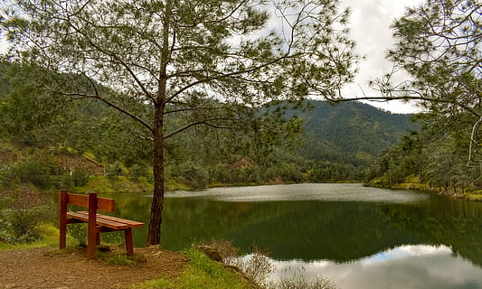 dam, lake, mountains, bench, view point, landscape, nature HD wallpaper