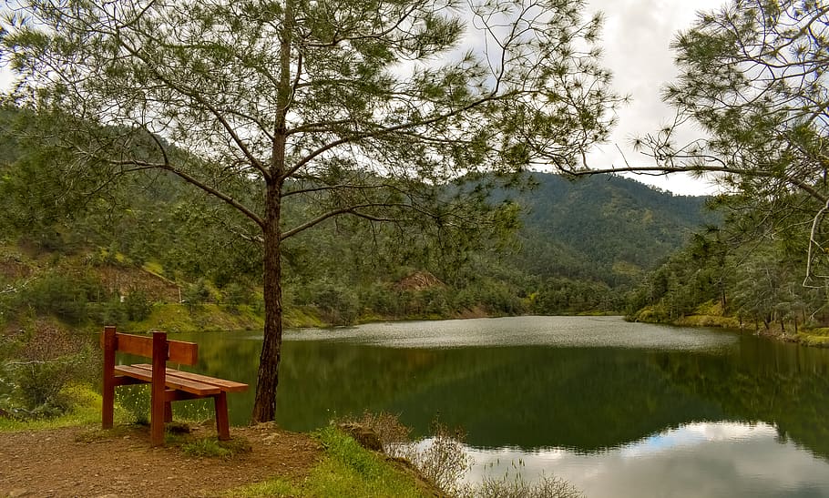 dam, lake, mountains, bench, view point, landscape, nature HD wallpaper