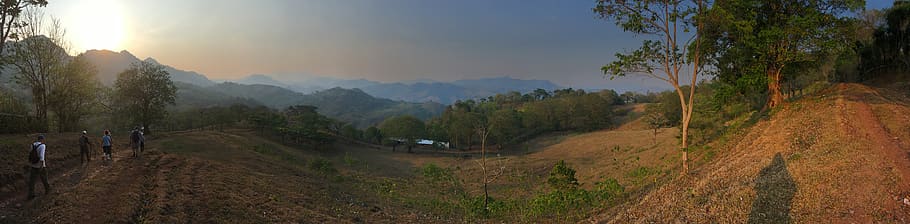 nicaragua, el tuma, trees, sunset, hikers, panorama, landscape, HD wallpaper