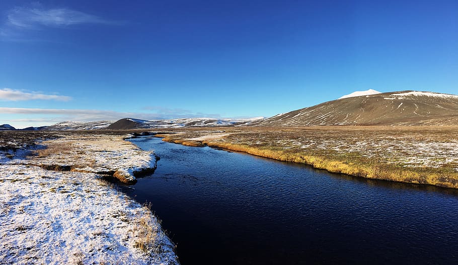 iceland, mountains, river, snow, sky, scenics - nature, water HD wallpaper