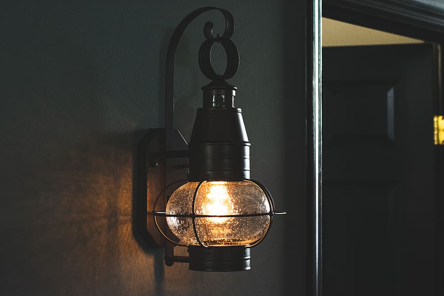Black Sconce Lamp, clear, close-up, colors, dark, design, door HD wallpaper