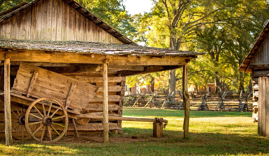 Wooden Structure in Park, barn, farm, grass, rustic, tree, architecture HD wallpaper