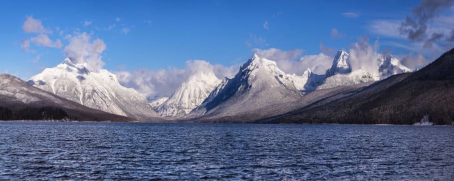 Mountain Ranges Near Body of Water, adventure, alpine, clouds HD wallpaper