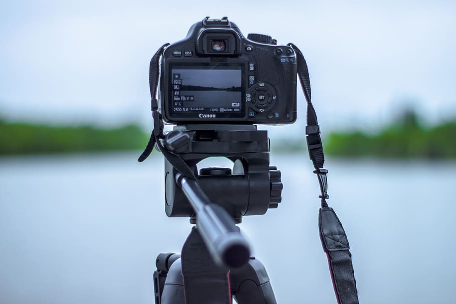 Selective Focus Photo of Black Canon Camera on Tripod Stand in Front of Body of Water Photo