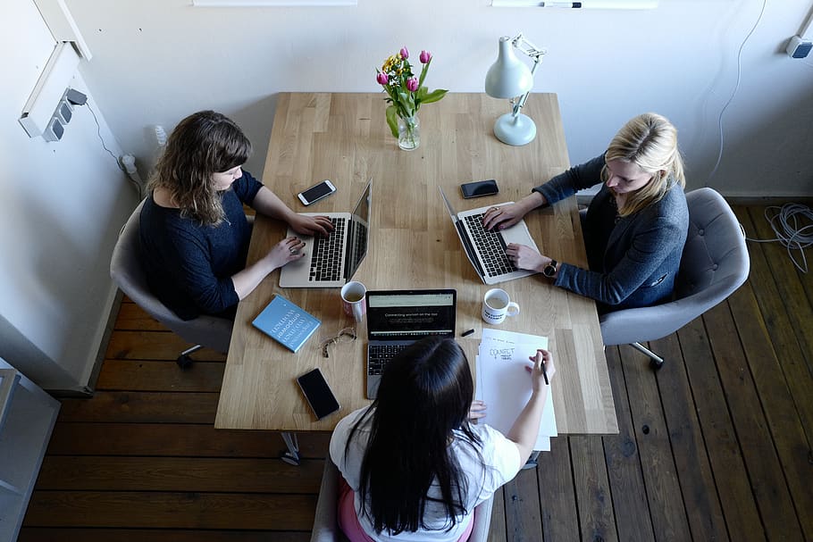 three women sitting around table using laptops, high angle view HD wallpaper