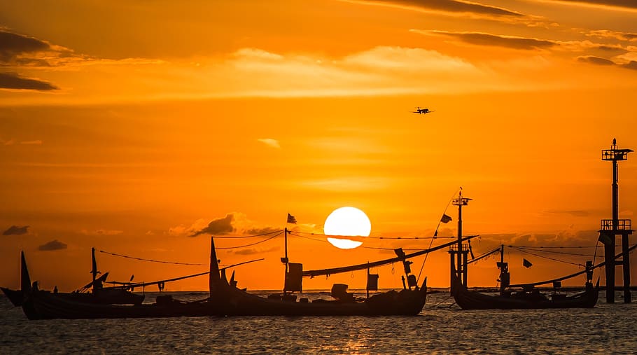 sunset, waters, dawn, sea, dusk, indonesia, orange color, sky HD wallpaper