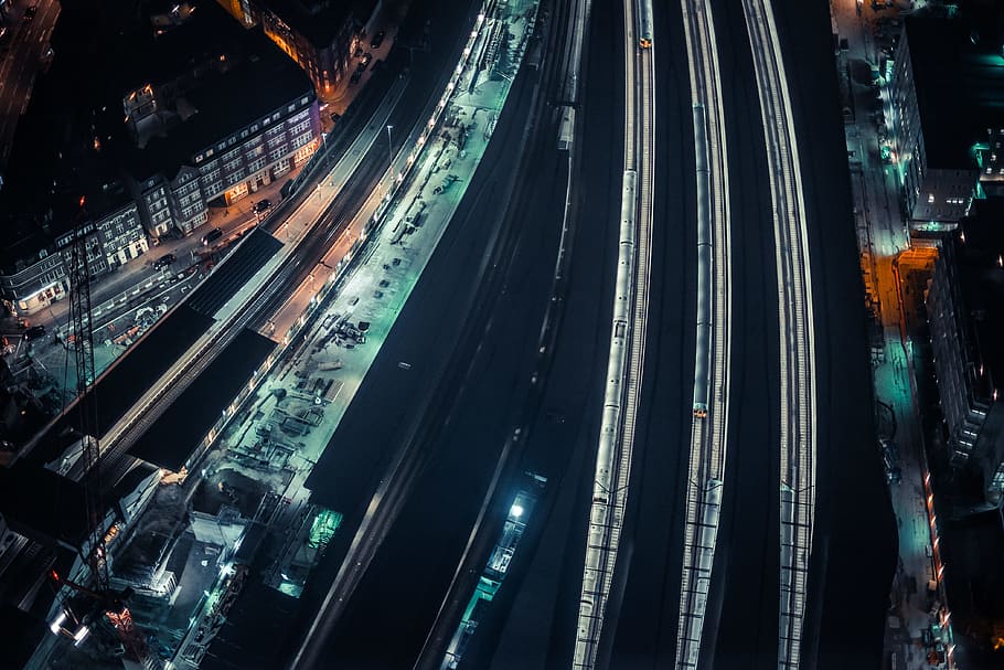 aerial view of road, train, street, night, track, train station HD wallpaper