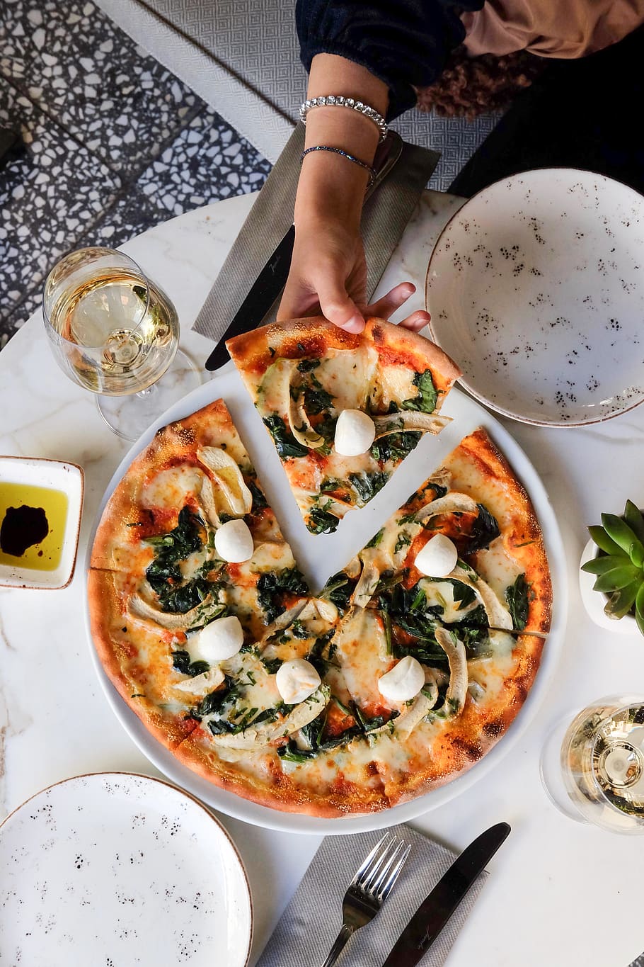 pizza on plate, food, cutlery, fork, person, human, meal, dish HD wallpaper