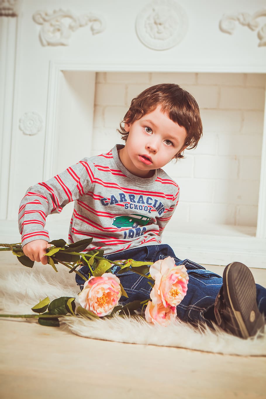 Boy Holding Pink Flowers, adorable, child, cute, facial expression HD wallpaper