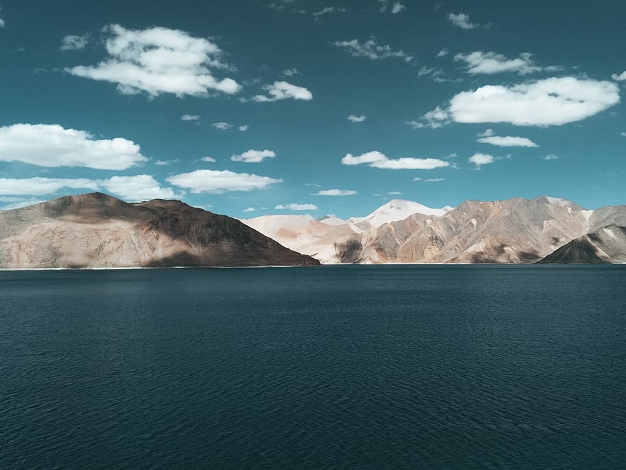 Lake and Mountains during Day, blue sky, blue water, clouds, daylight HD wallpaper
