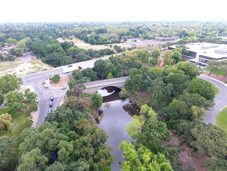 united states, modesto, bridge, creek, drone photo, oblique aerial photo HD wallpaper