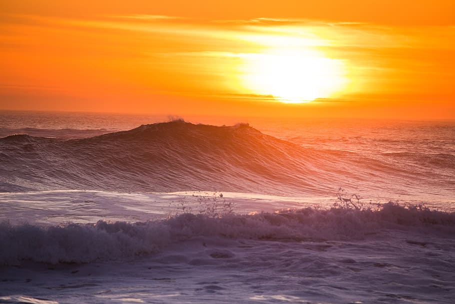 sea wave during sunset, quiberon, france, beach of port blanc HD wallpaper
