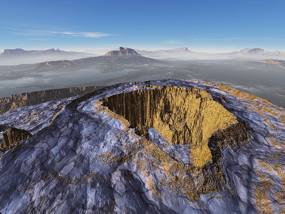 crater, volcano, panoramic, landscape, outdoors, nature, drone HD wallpaper