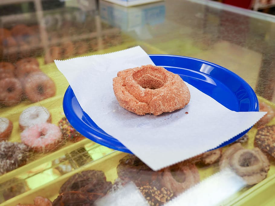 A cinnamon cake donut sitting on a blue plate inside of a donut shop., HD wallpaper