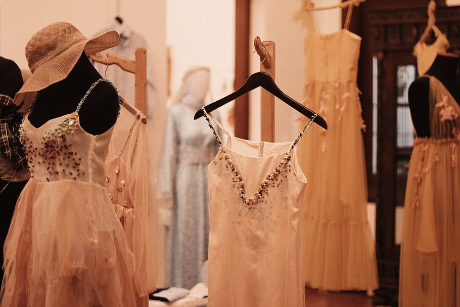 white dress, clothing, fashion, store, hanging, retail, coathanger HD wallpaper