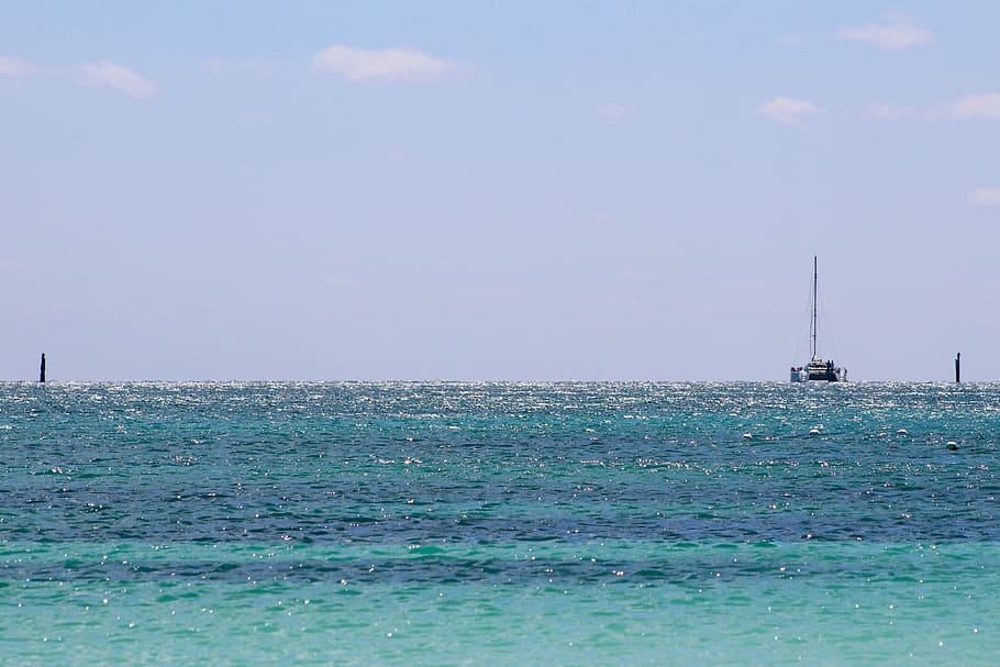 the bahamas, beach, boat, blue, ocean, horizon, sea, water, HD wallpaper