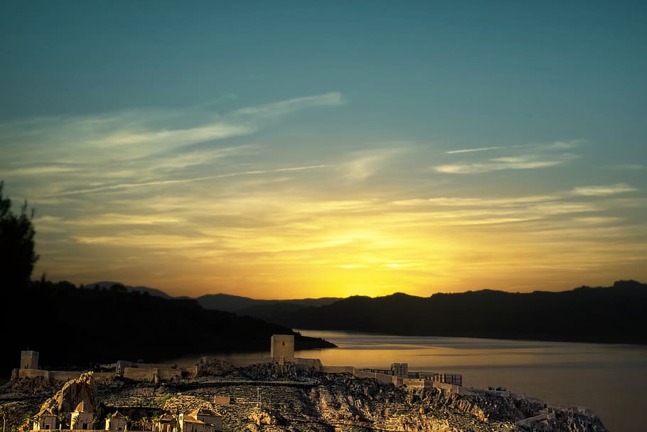 castle, sky, lake, clouds, sunset, landscape, fortress, tower HD wallpaper