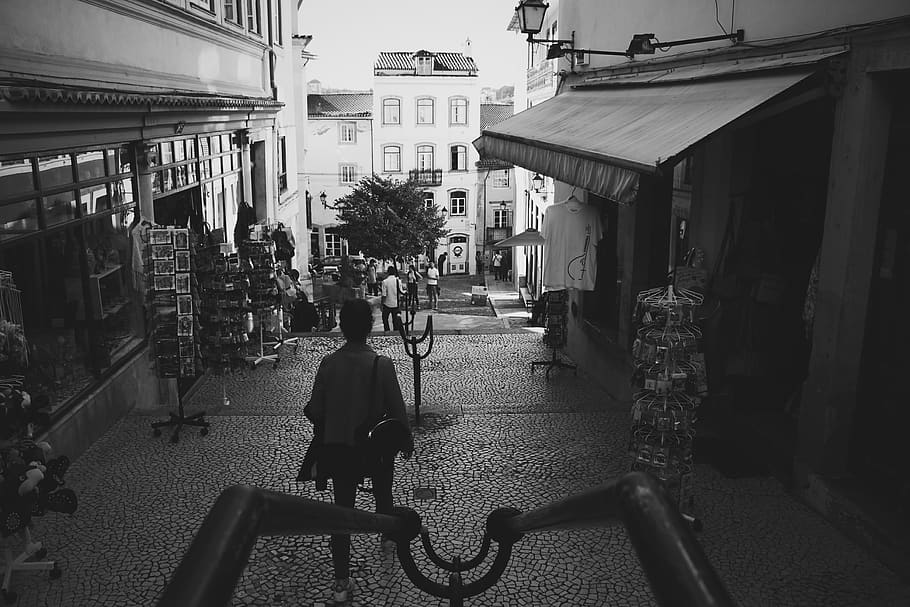 portugal, coimbra, bw, uptown, old, people, urban, cityscape, HD wallpaper
