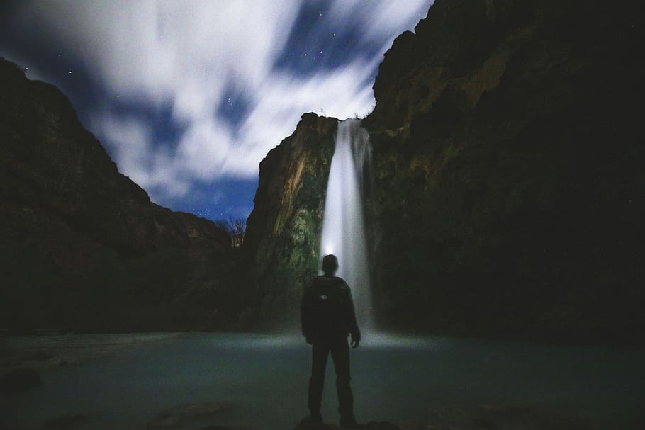 people, man, water, falls, clouds, sky, dark, night, river HD wallpaper
