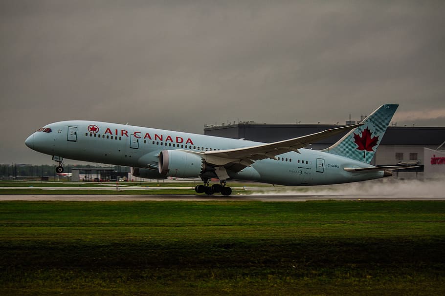 White Air Canada Plane on Green Grass, aircraft, airliner, airplane
