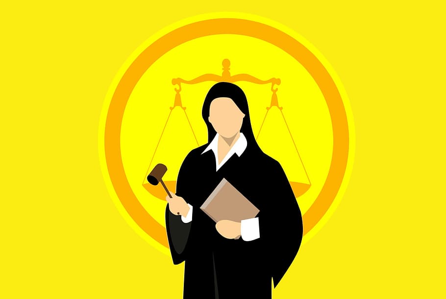 Illustration of judge ni robes with gavel., lawsuit, woman, american