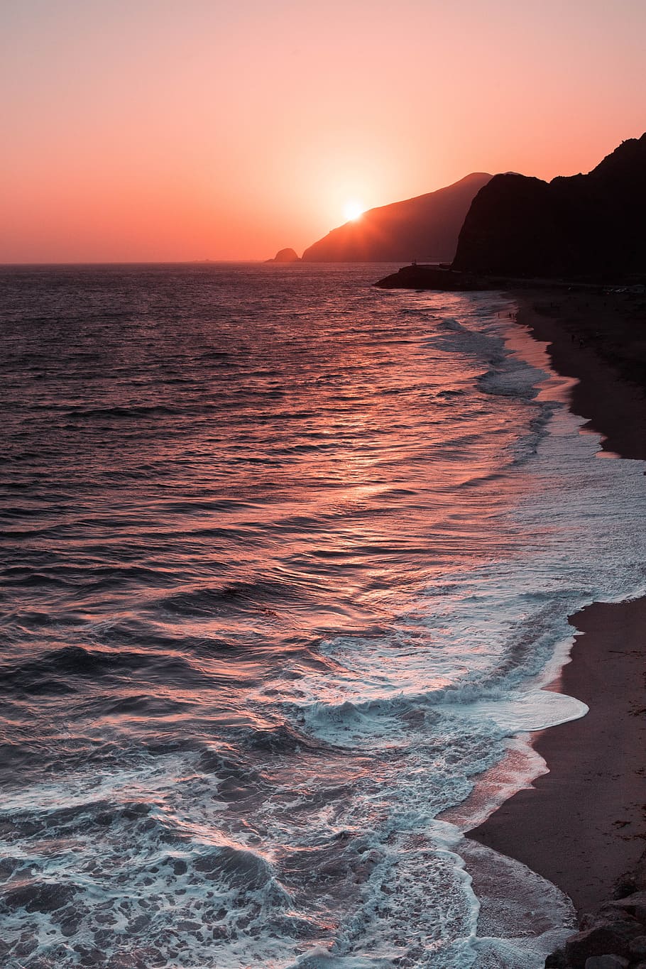 beach during golden hour, water, sun, cliff, shore, calm, wave, HD wallpaper