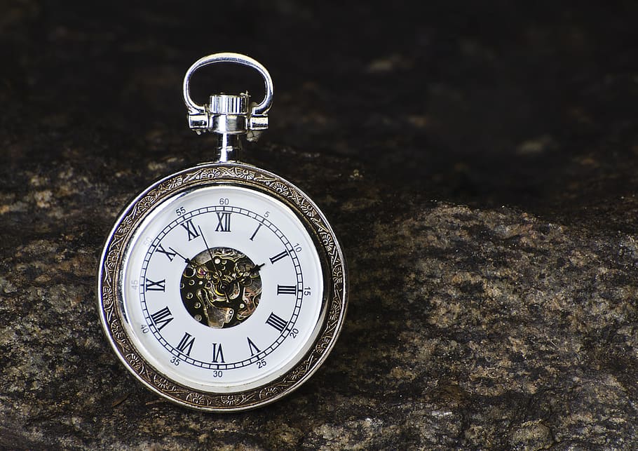 Round Gray Pocket Watch Reading 1:56 Time, accurate, Analogue