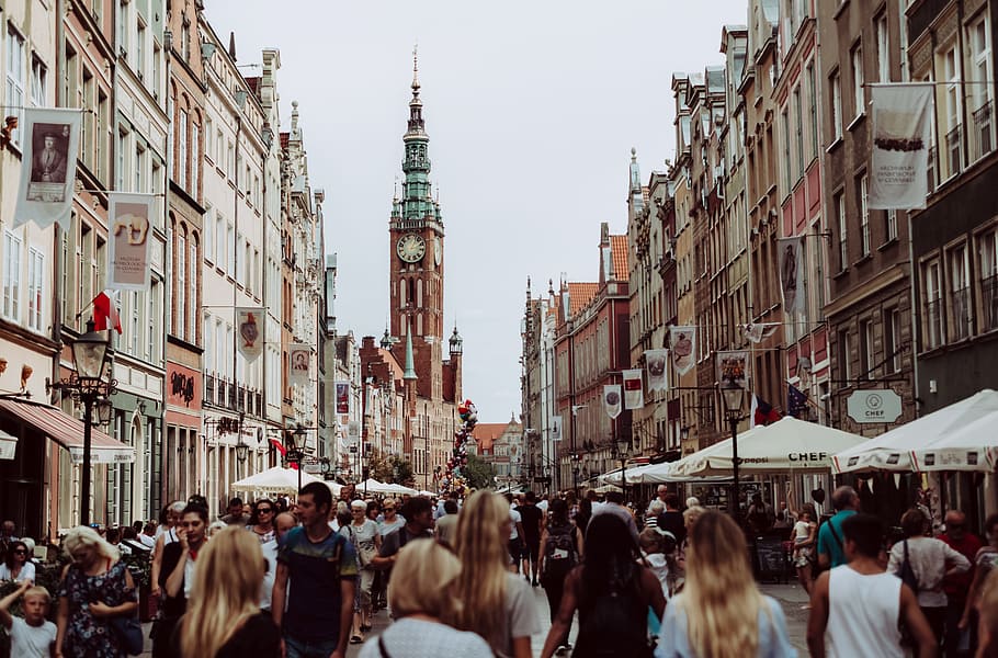 brown clock tower, crowd, busy, queue, tourism, tourist, city HD wallpaper