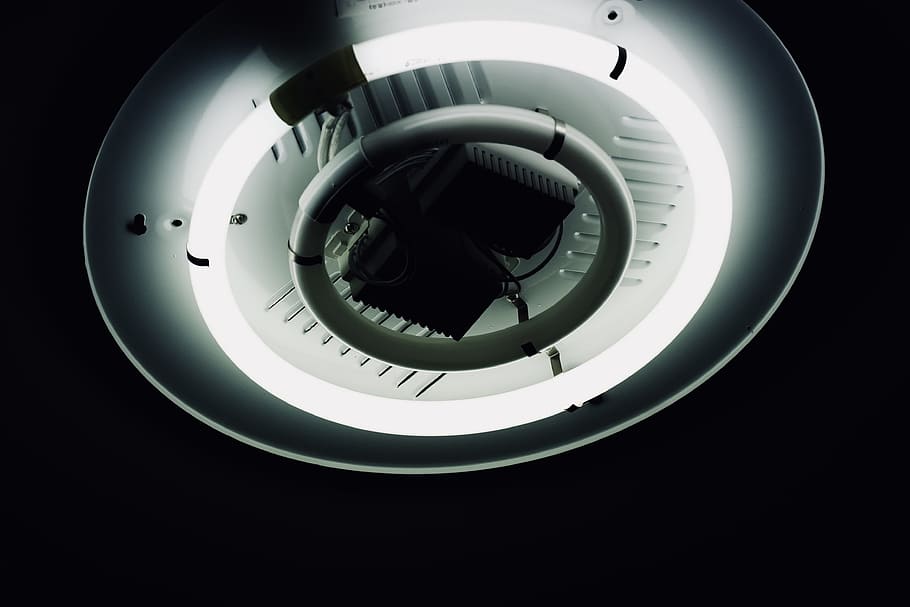 white ceiling light on dark room, circle, tube, abstract, interior design HD wallpaper