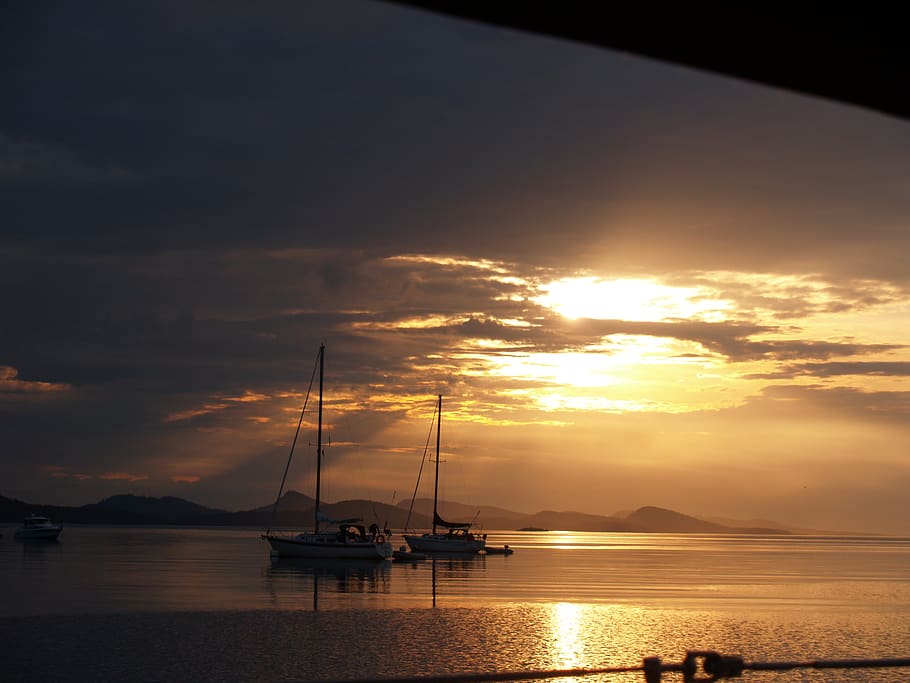 ocean, sailboats, water, sky, sunset, cloud - sky, beauty in nature HD wallpaper