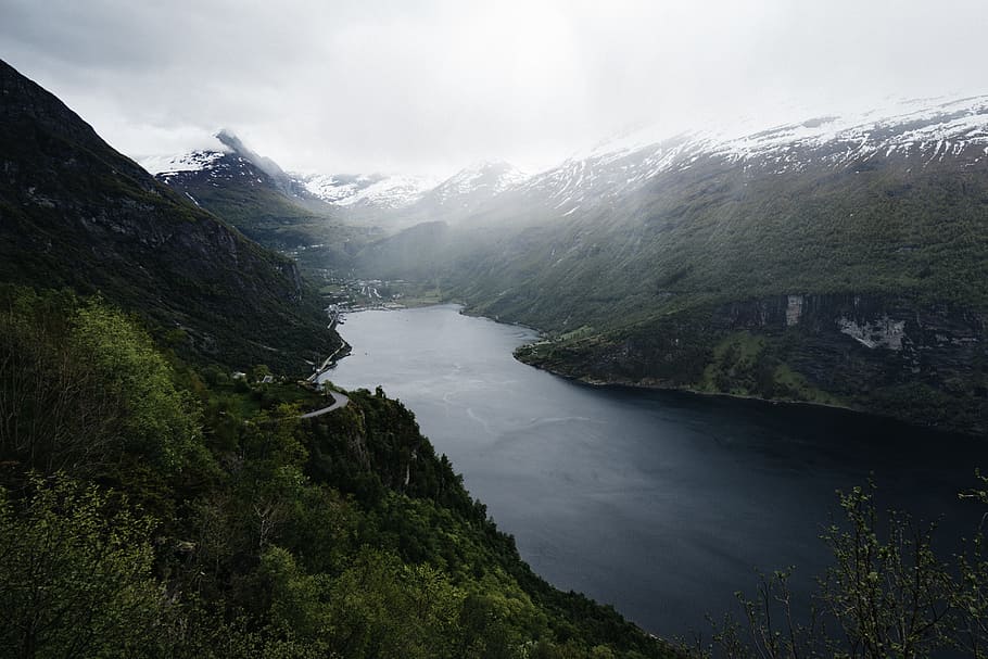 top view of river, landscape, mountain, snow, water, tree, woodland HD wallpaper