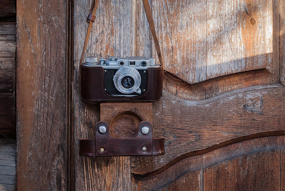 brown leather vintage camera, wood, electronics, hardwood, plywood