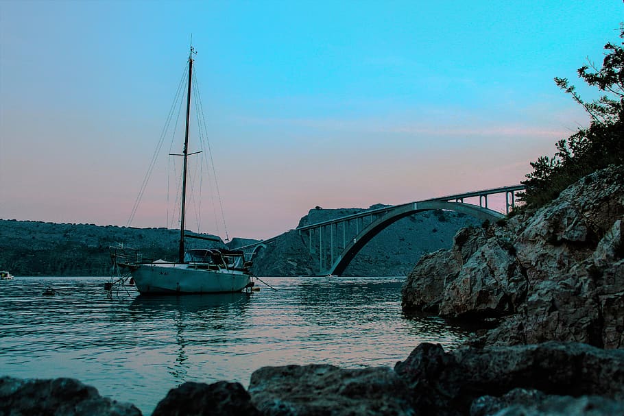 boat, sun, sunset, rocks, sea, bridge, old boat, transportation HD wallpaper