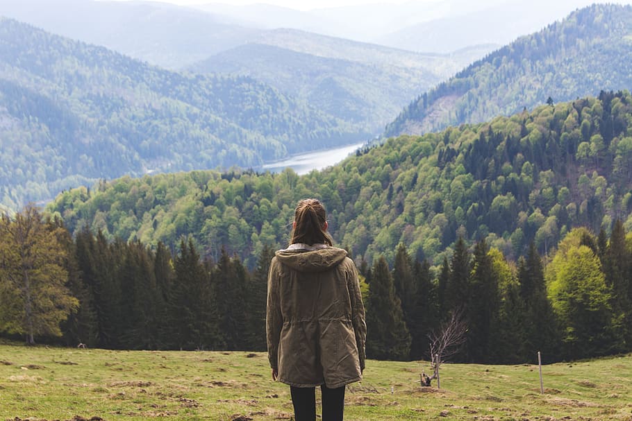 Photo of Woman Wearing Jacket Standing Near Forest Trees, back HD wallpaper